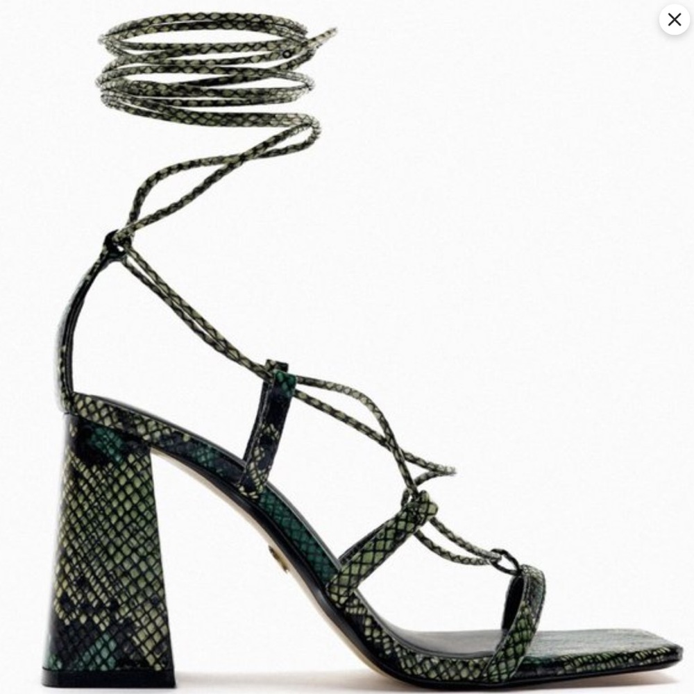 Zara Snake Print Lace-Up Heels - Green